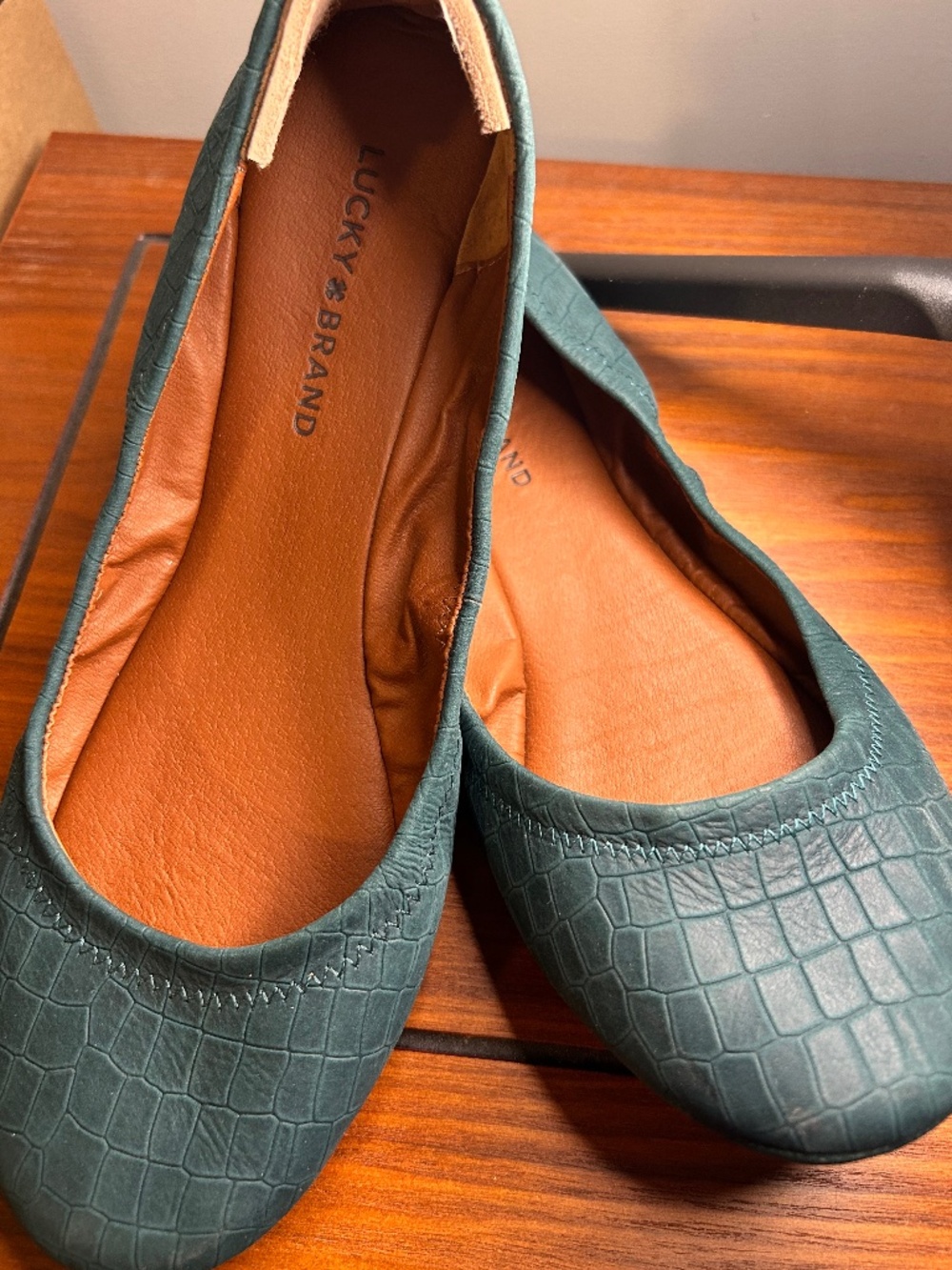 Lucky Brand Women’s Ballet Flats Nubuck Croc-Effect Dark Teal Slip On 9.5M